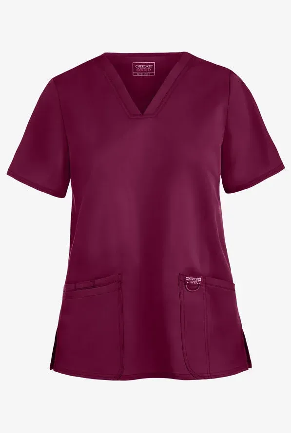 Burgundy Cherokee brand v-neck scrub top with two front pockets.