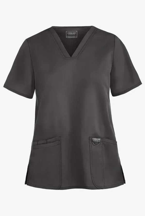Gray V-neck medical scrub top with two front pockets.