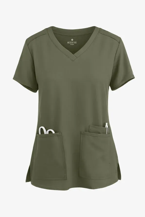 Olive green v-neck medical scrub top with two front pockets, side slits, and visible stitching.