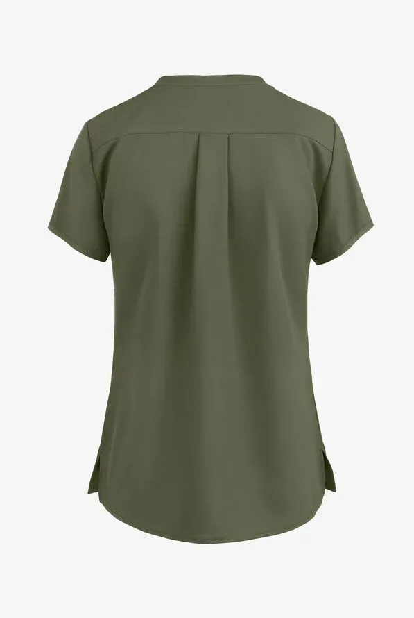Olive green short-sleeved scrub top, back view with center pleat detail and side slits.