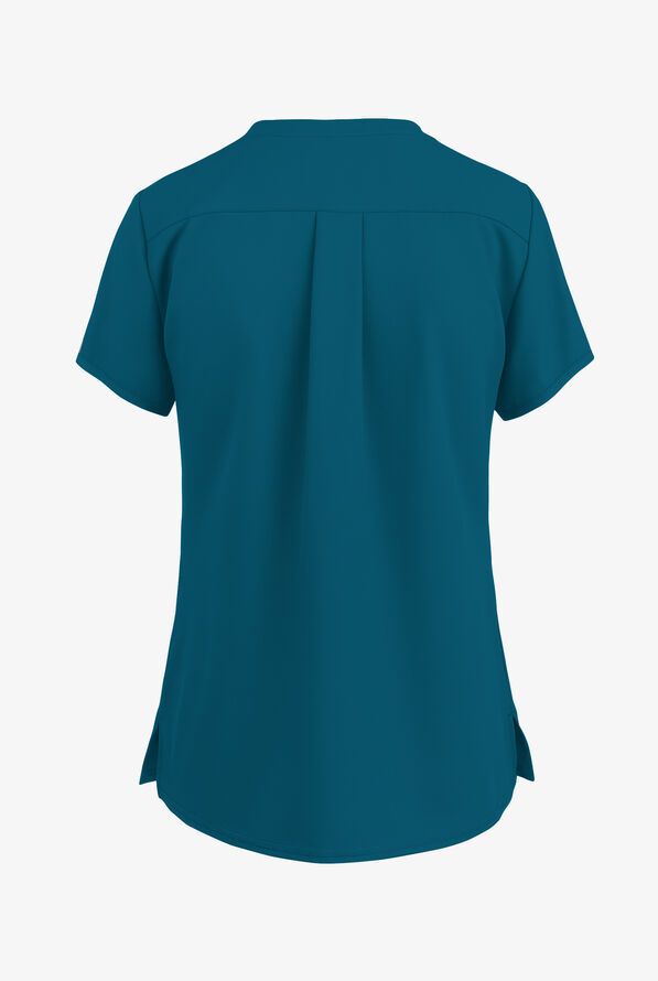 Teal short-sleeved scrub top with pleat detail and side slits.