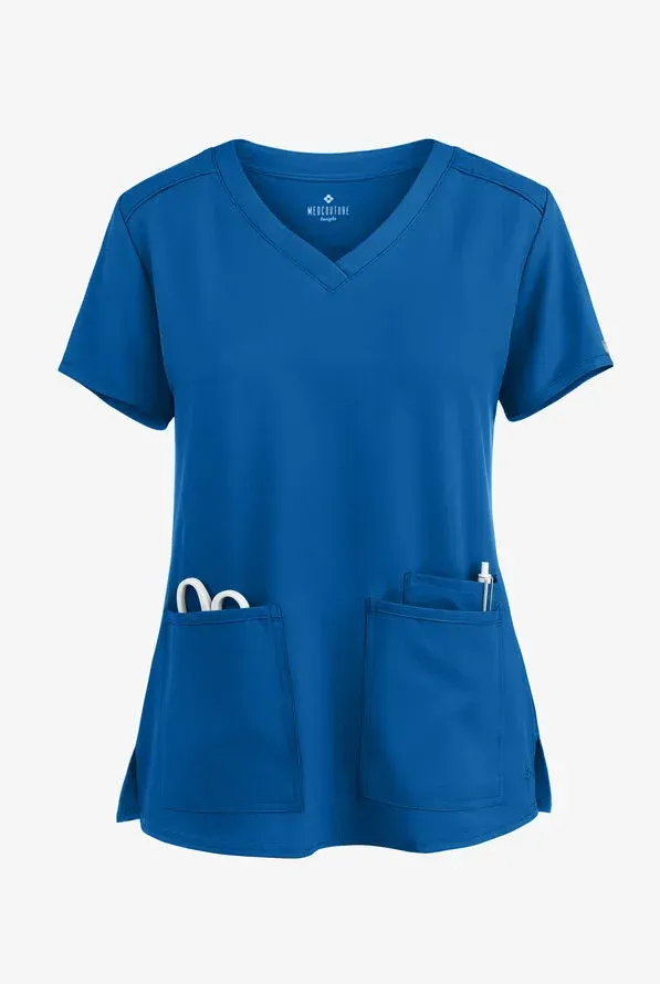 Royal blue V-neck scrub top with two front pockets, visible scissors and pen.