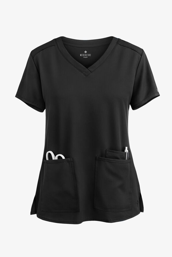 Black V-neck medical scrub top with two front pockets.