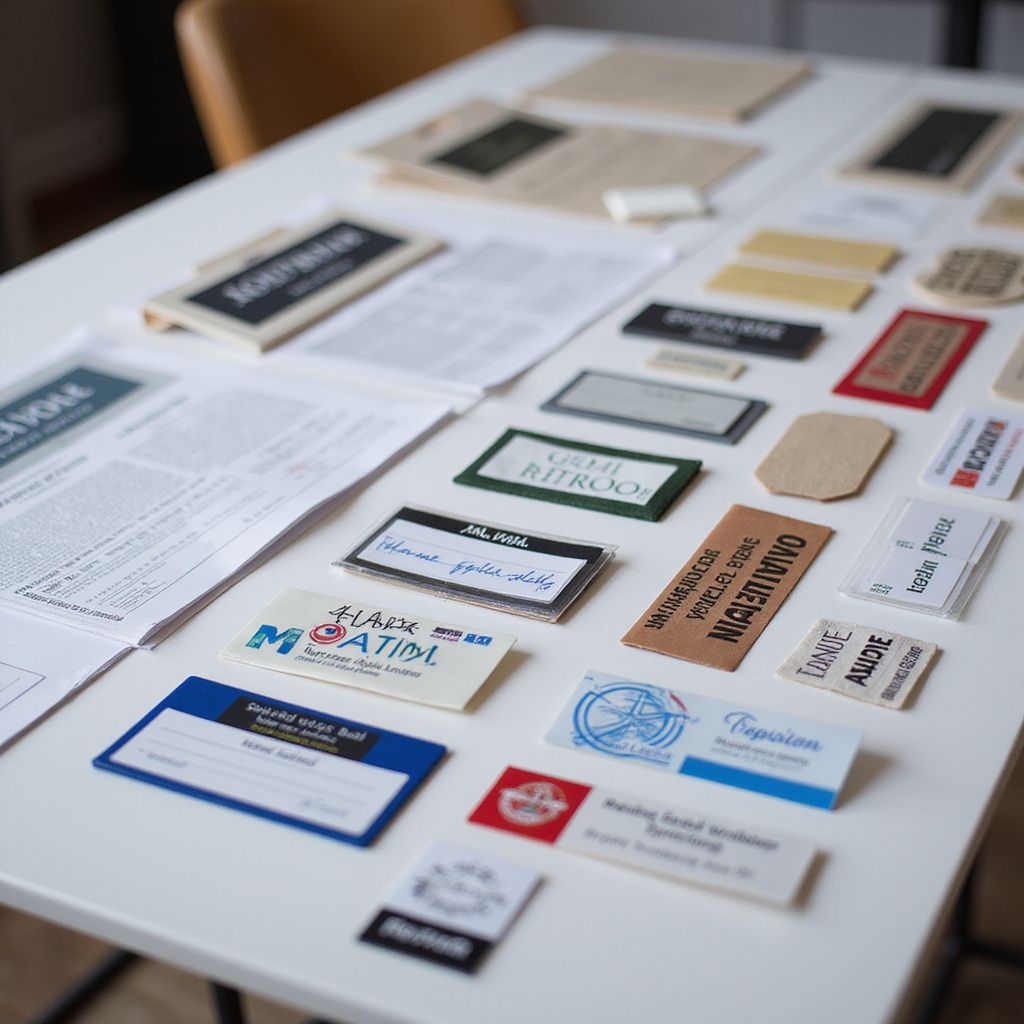 White table with scattered name tags, documents, and labels of various shapes, colors, and designs.