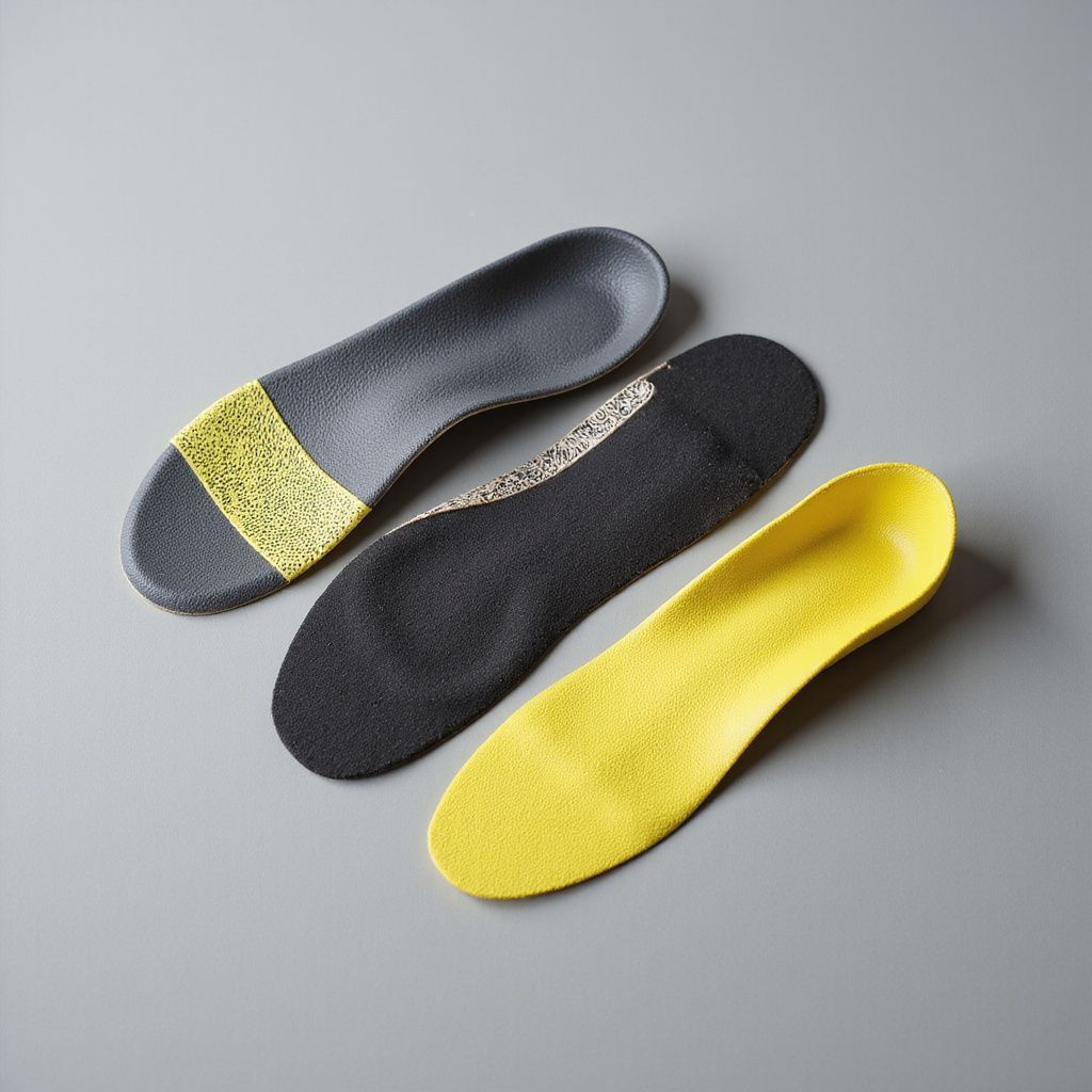 Three shoe insoles: gray, black, and yellow, on a gray surface.