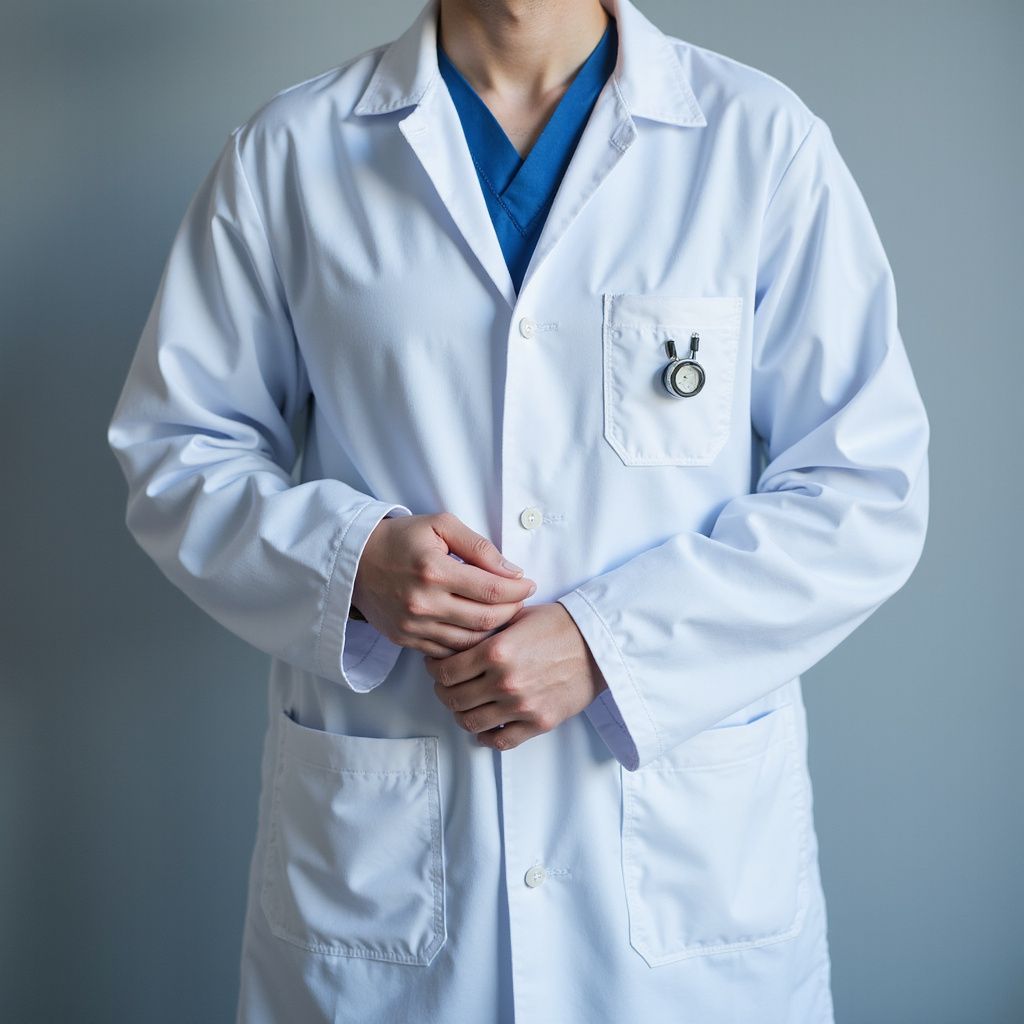 Person in a white lab coat with a stethoscope clipped to the pocket, standing against a gray wall.