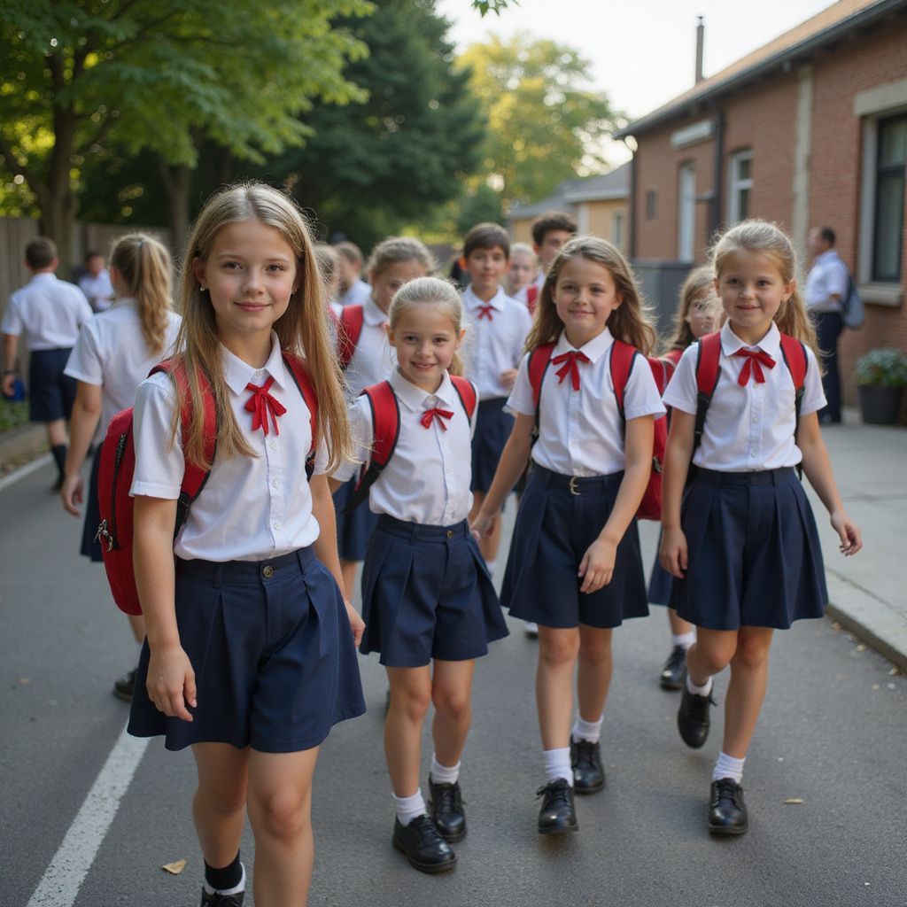 Children in school uniforms walking on a street, some with red backpacks and ties.