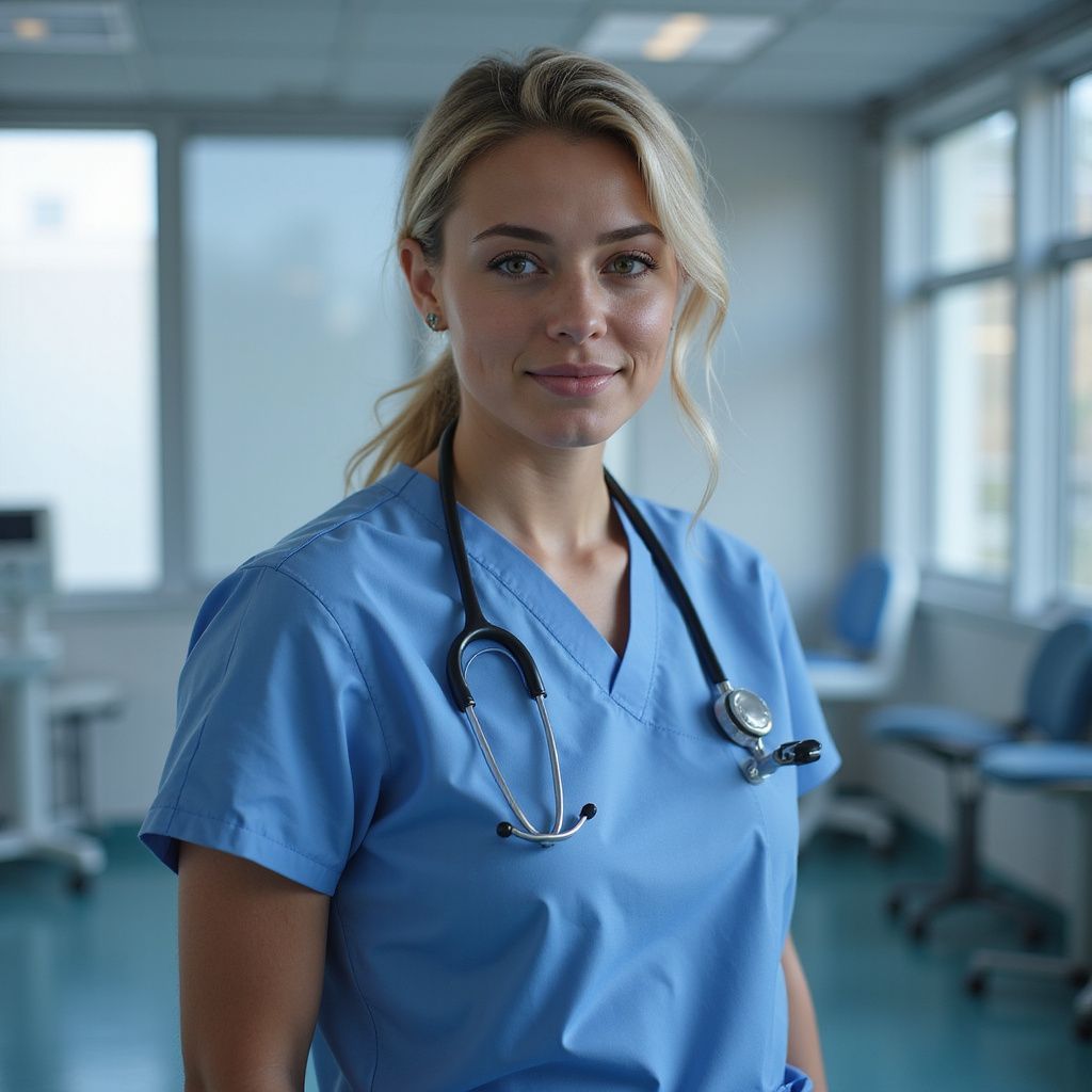 Woman in blue scrubs wearing a stethoscope in a hospital room.