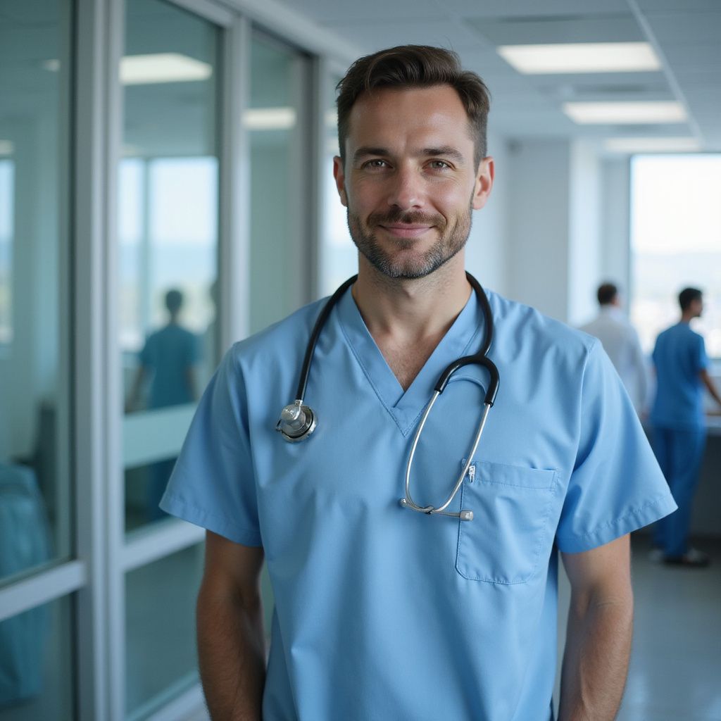 Man in blue scrubs with a stethoscope around his neck smiles in a hospital hallway.