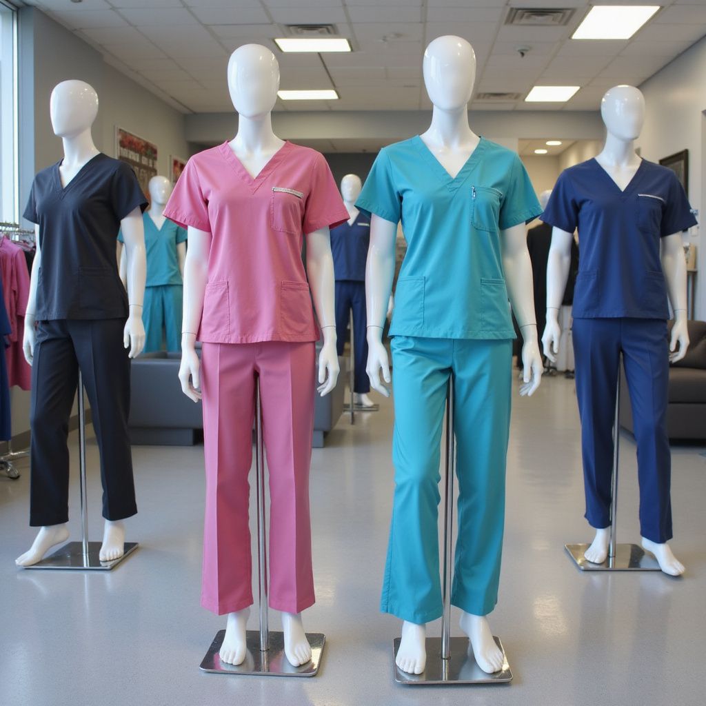 Mannequins wearing scrubs in various colors in a store setting.