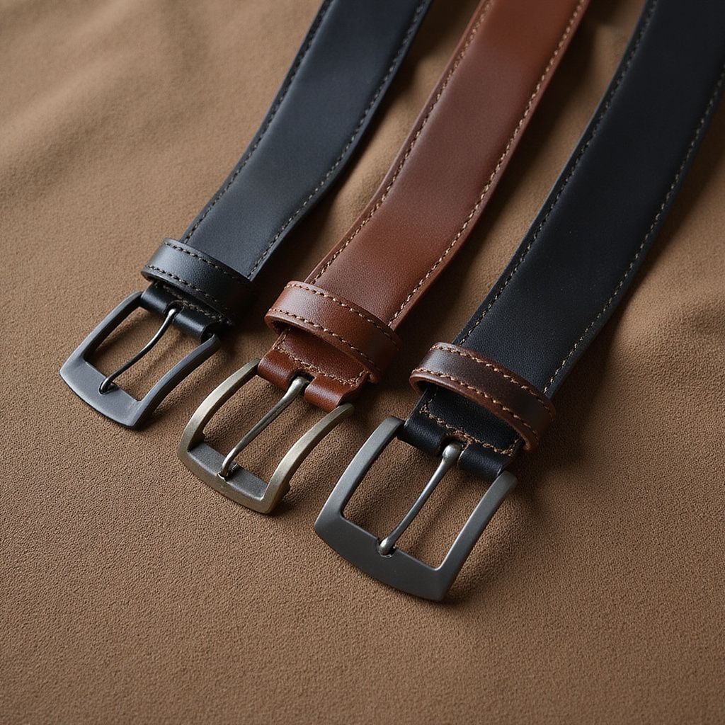 Three leather belts, black, brown, and black, with metal buckles, resting on a brown surface.