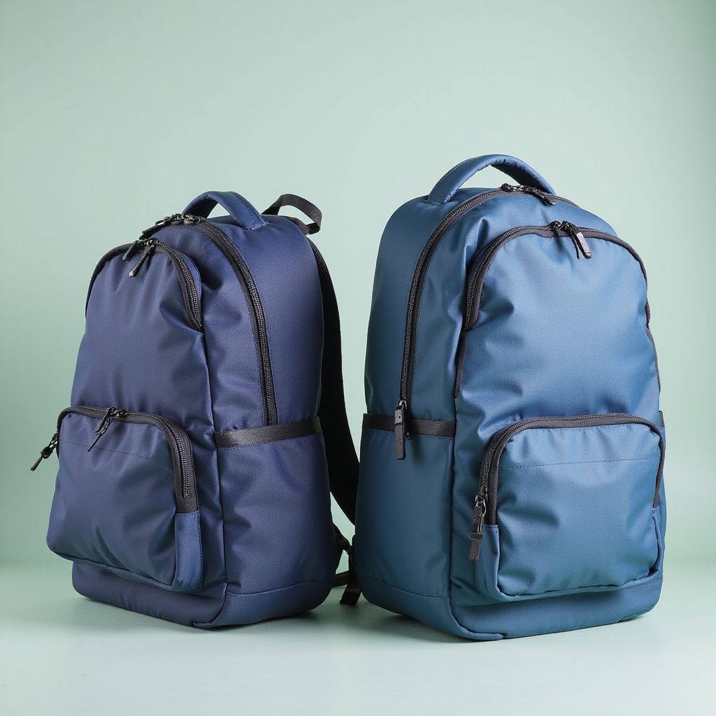 Two blue backpacks on a light green background. One smaller, one larger.