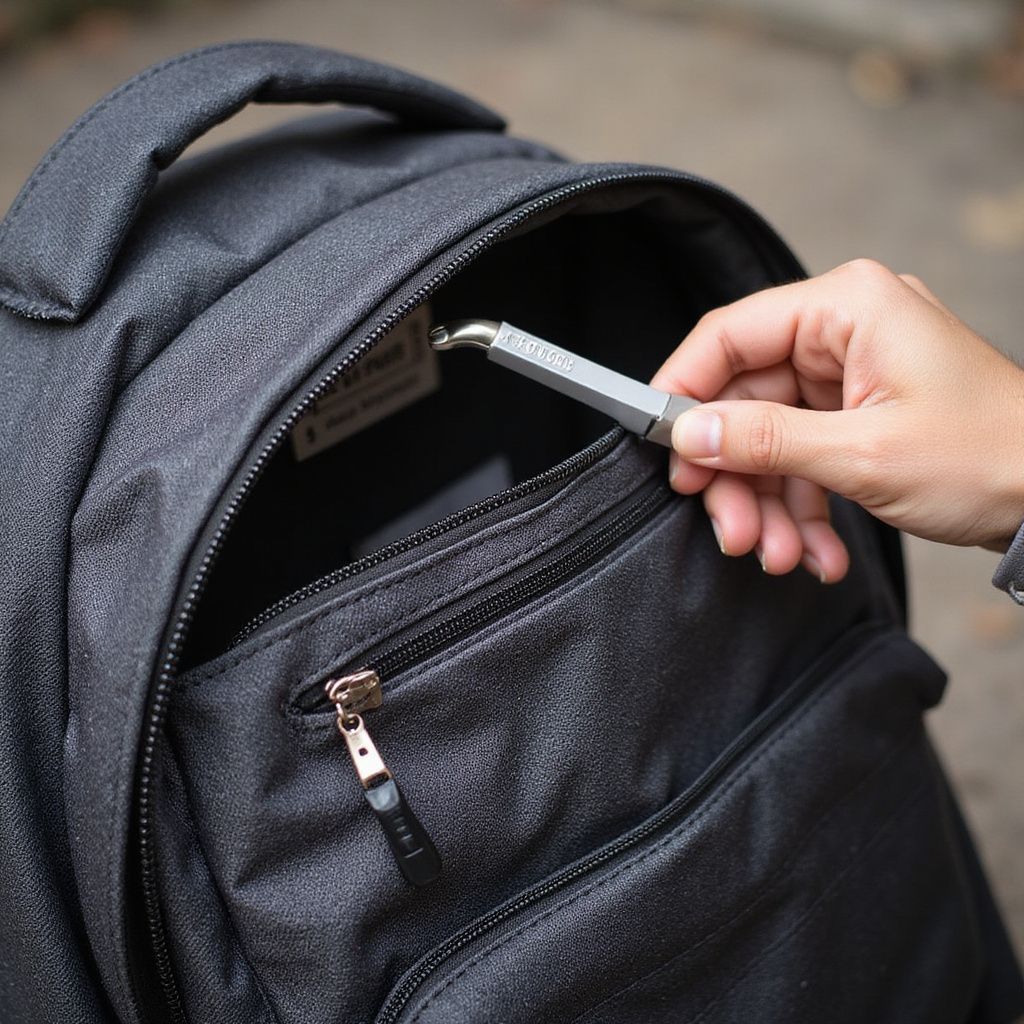 Hand opening backpack, pulling out gray hexagonal-shaped item. Black backpack in outdoor setting.