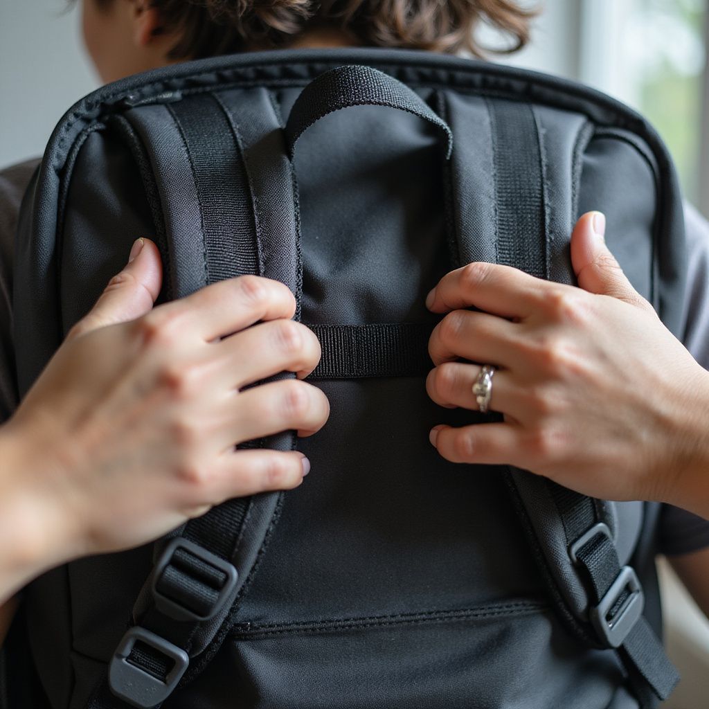 Person adjusting the straps of a black backpack. Hands are visible.