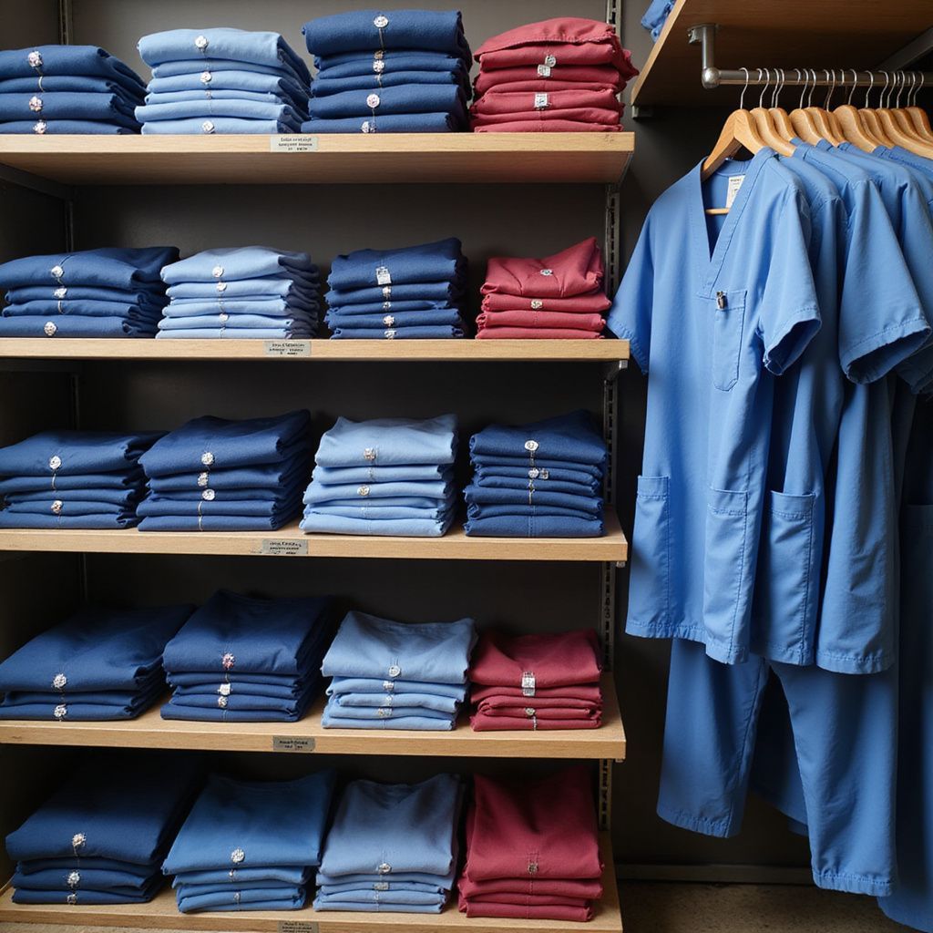 Shelves with folded scrubs, various blues and maroon; scrubs hanging on a rack, blue.