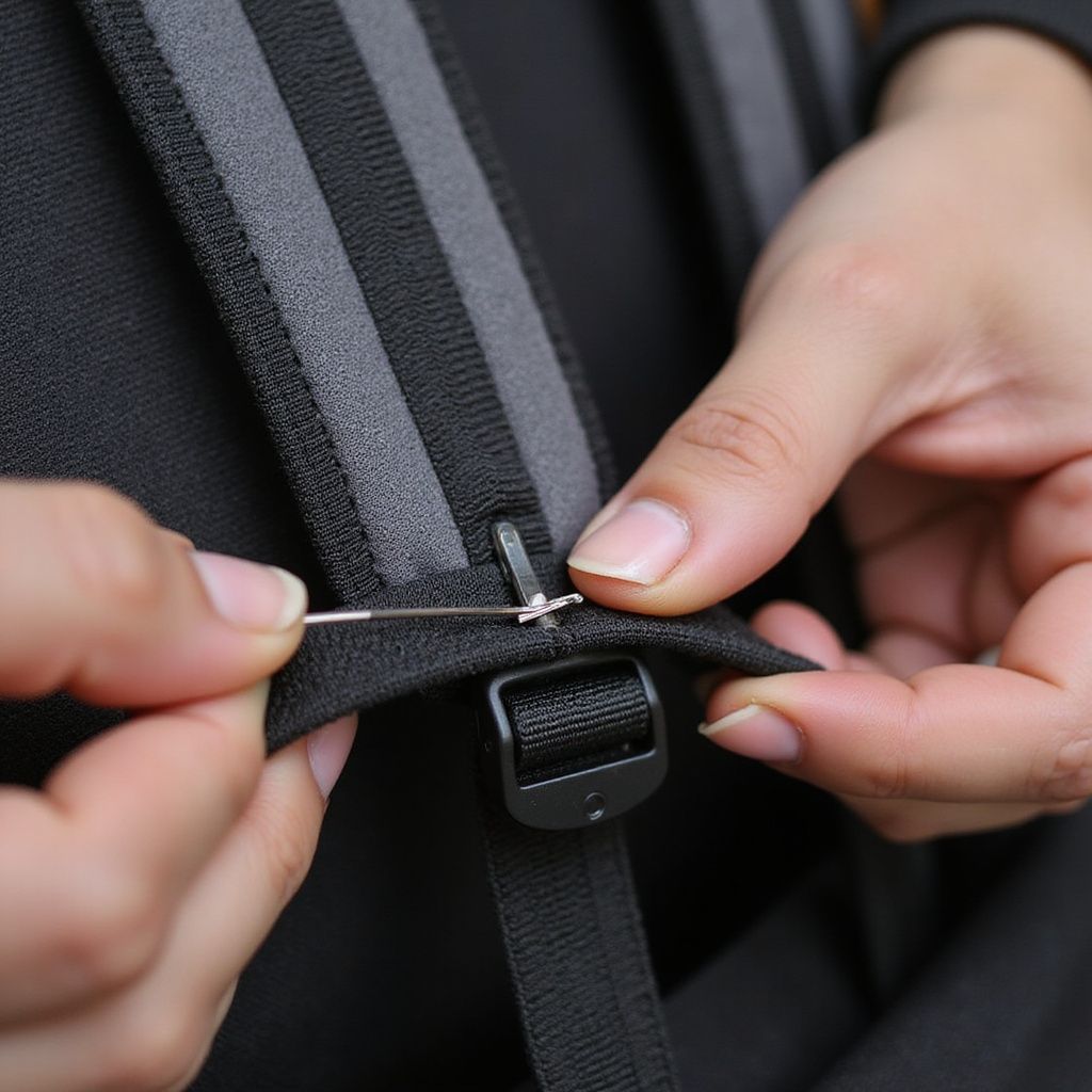 Hands sewing a backpack strap with needle and thread; close-up.