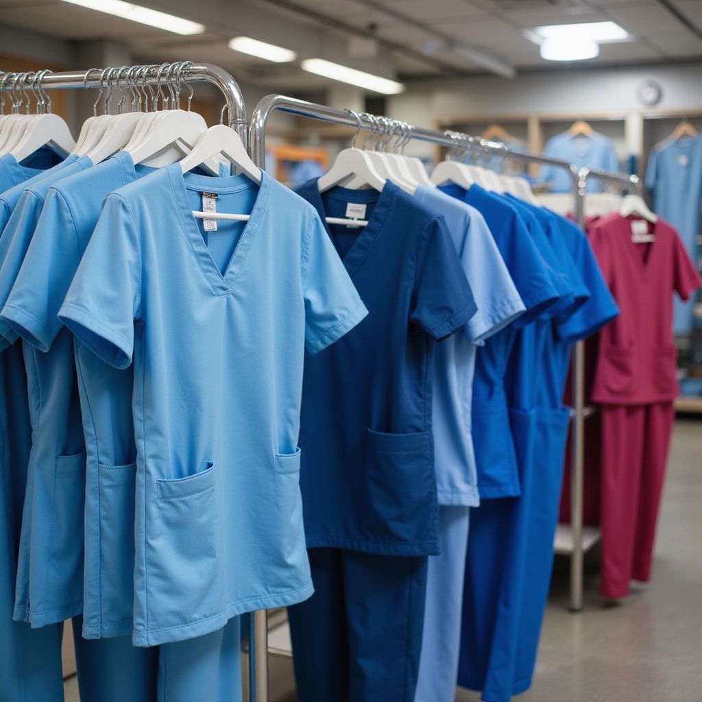 Medical scrubs in various shades of blue and pink hanging on a clothing rack.