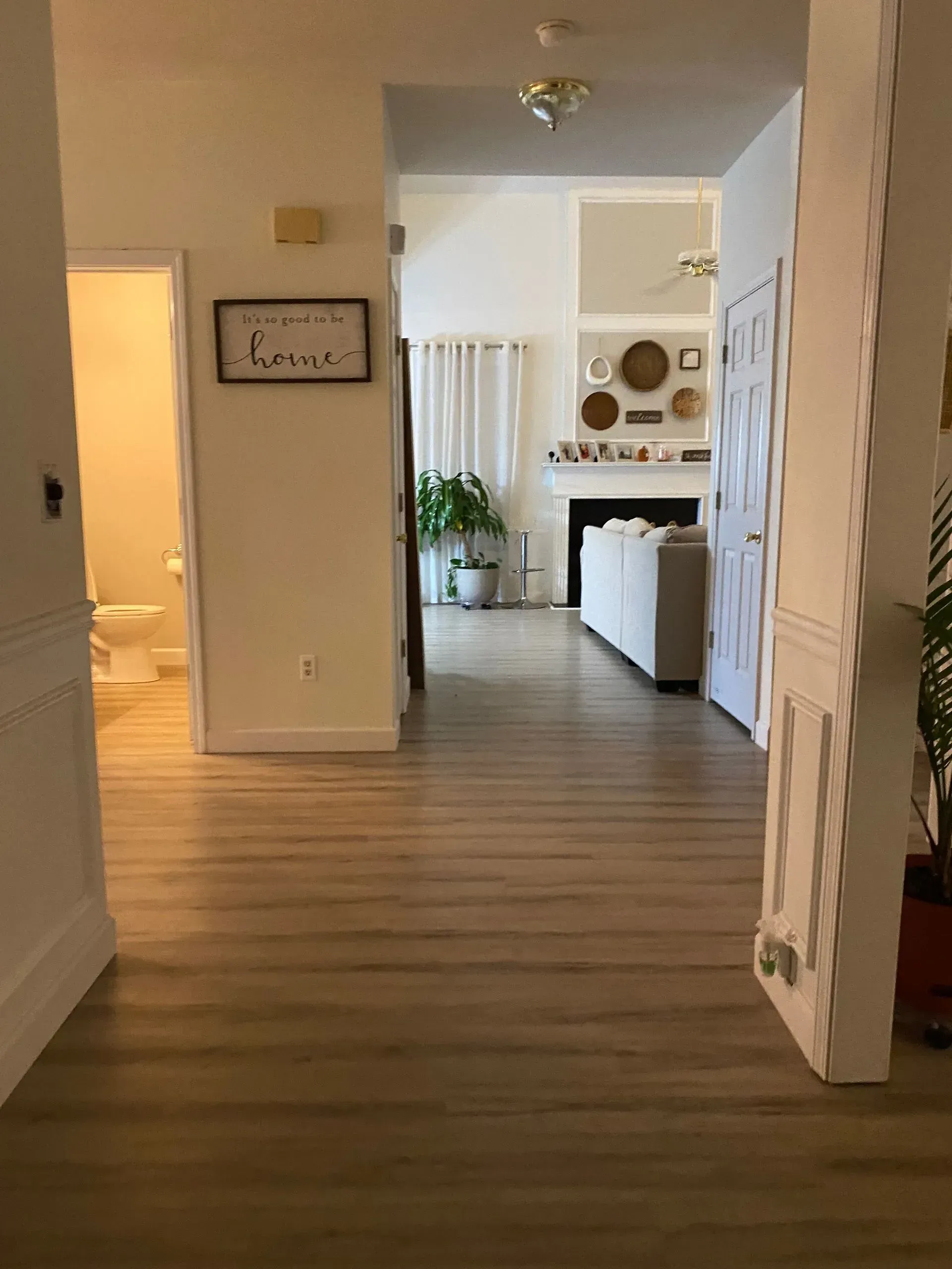 A hallway in a house leading to a living room and a fireplace.