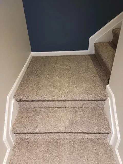 A staircase with a carpeted floor and a blue wall.