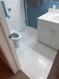 A bathroom with a toilet , sink , and cabinets.