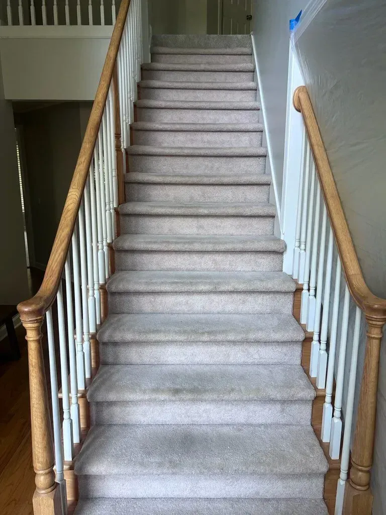 A staircase with a wooden railing and carpeted steps in a house.