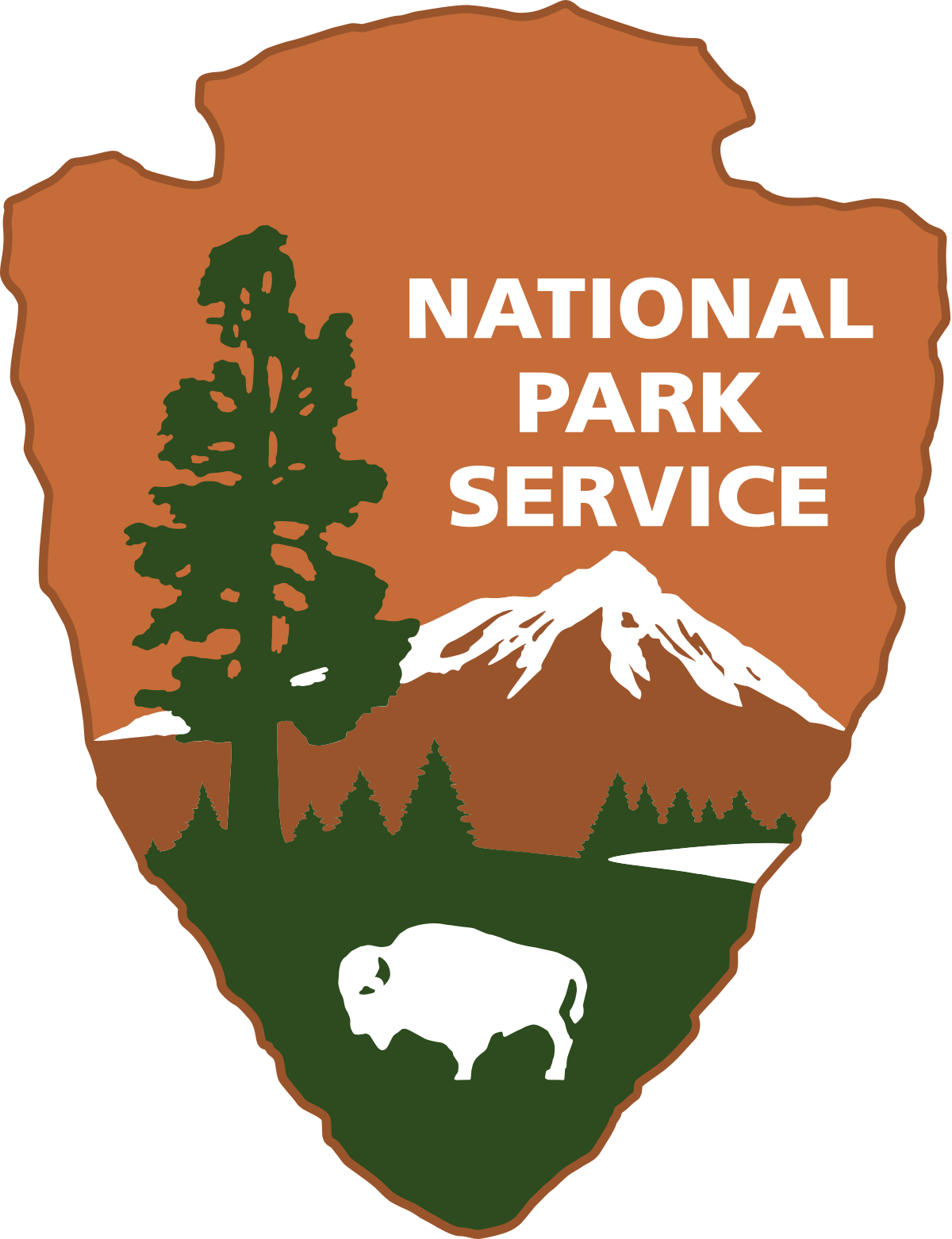 A logo for the national park service with a bison and mountains