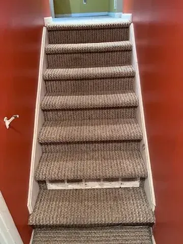 A set of stairs with a carpeted staircase and a red wall.