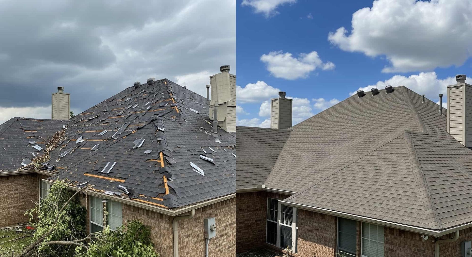 Comparison of a Tulsa home roof before and after emergency repair