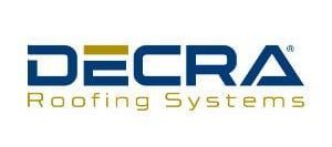 The logo for decra roofing systems is blue and yellow.