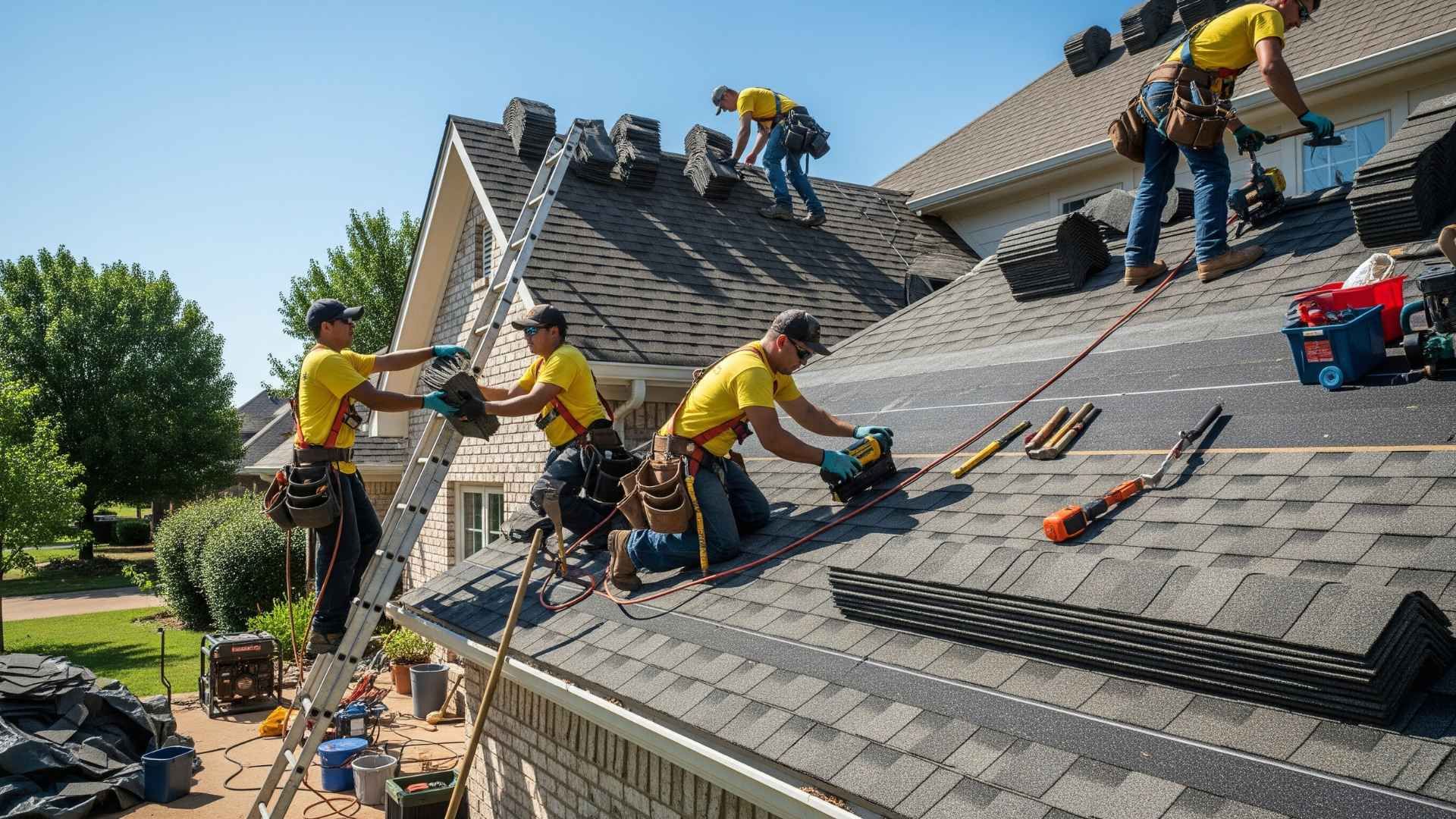  A group of workers are seen on a house roof, engaged in roofing installation work.