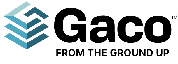 A logo for gaco from the ground up with a blue arrow.