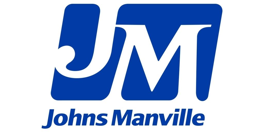 The johns manville logo is blue and white on a white background.
