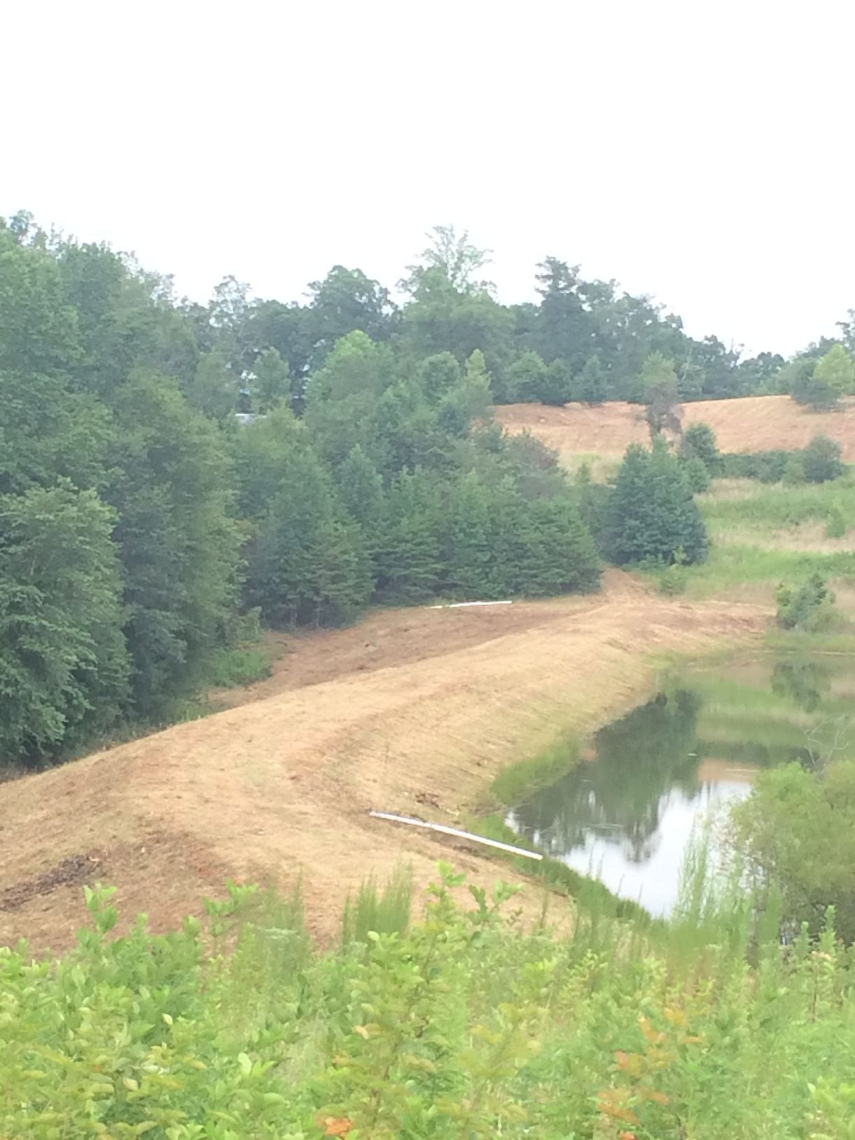 Earthen dam at a pond's edge, trees on a hill in the background, overcast sky.