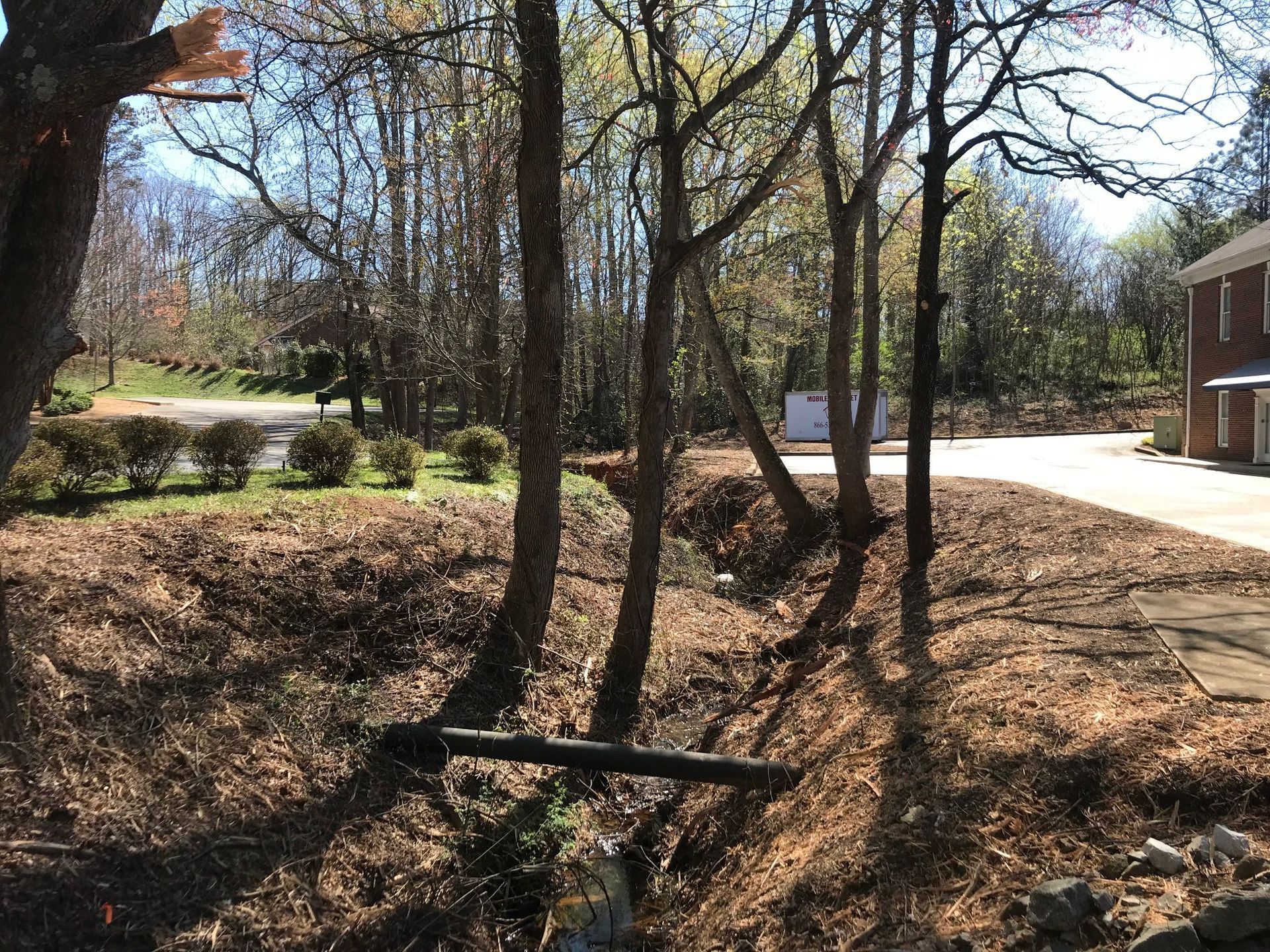 A dry creek bed with trees, leaves, and a log bridge. A road and building are in the background.