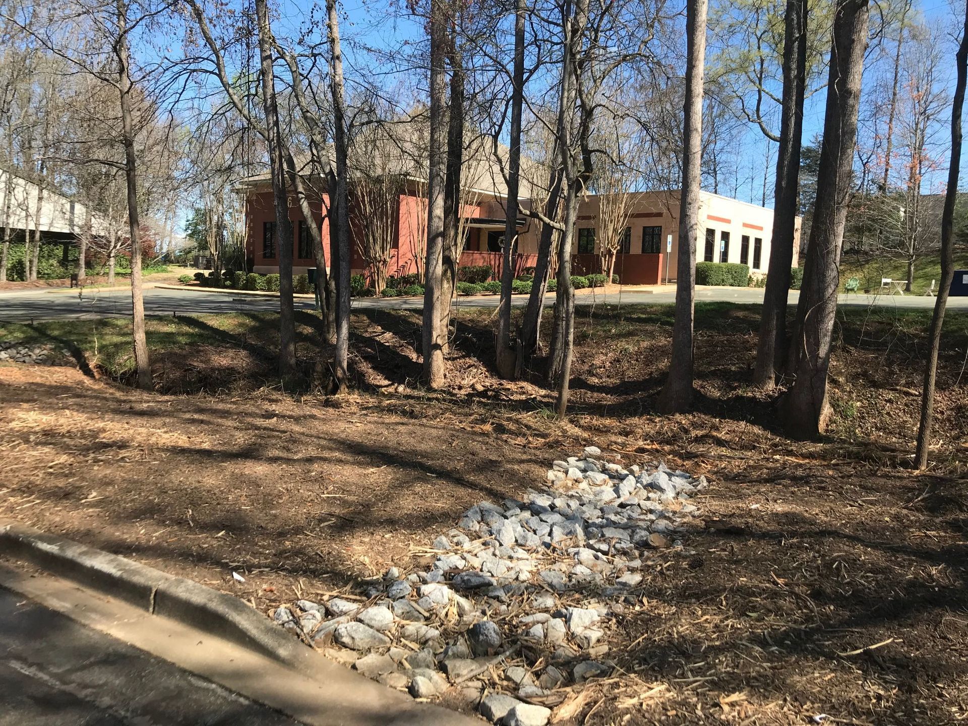A rocky drainage channel near a curb with trees and buildings in the background on a sunny day.