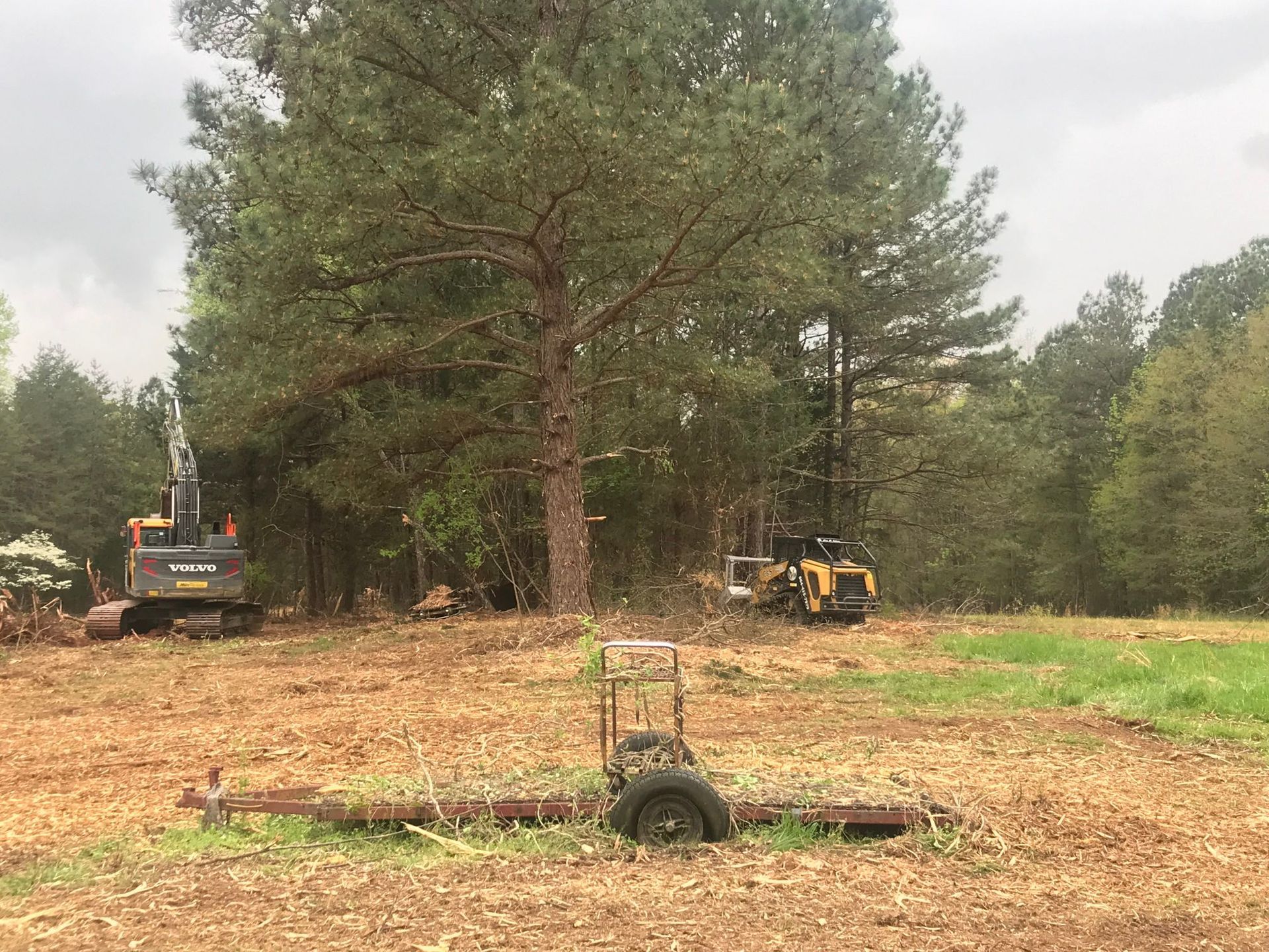 Construction site with two heavy machines near a large tree, trailer in the foreground.