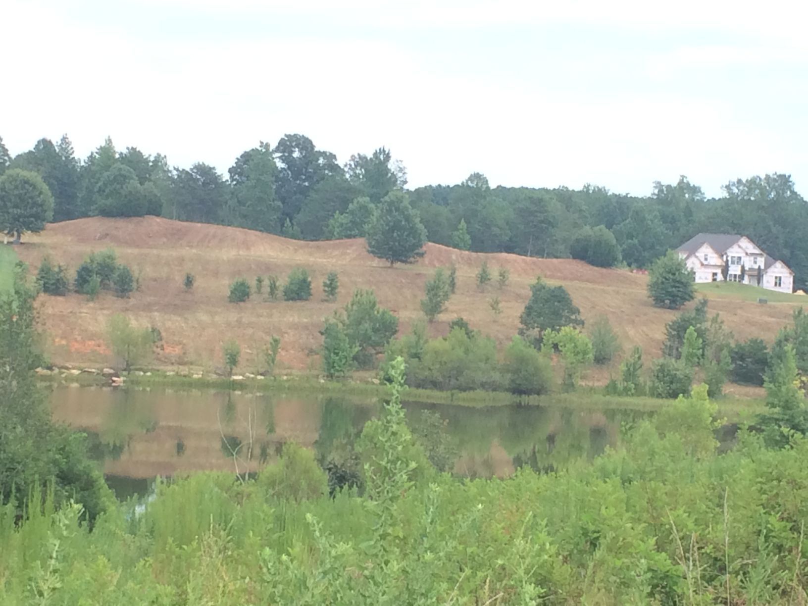 Pond in front of a grassy hill with sparse trees and a large house on top, under a cloudy sky.