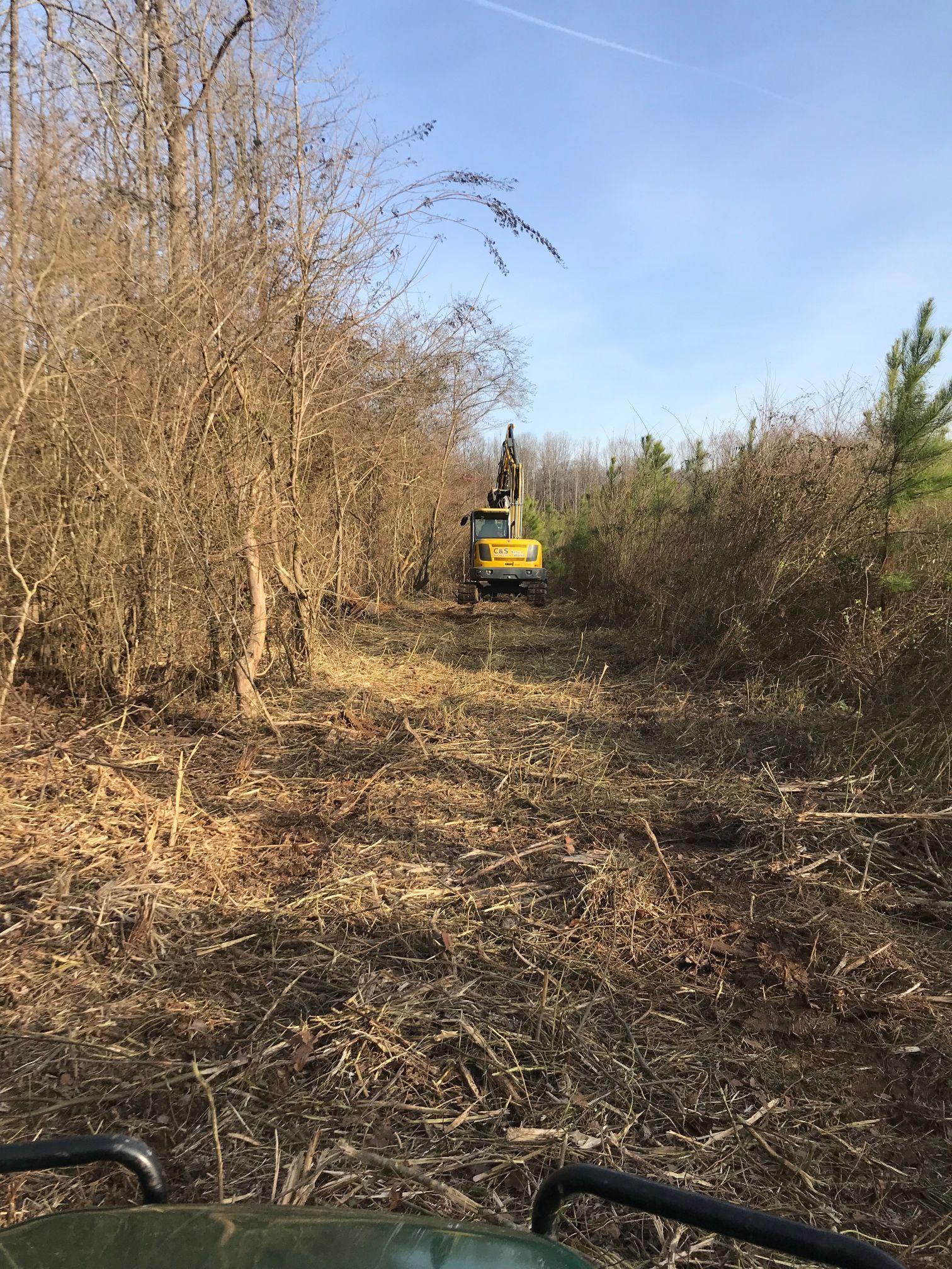 Excavator clearing a wooded path on a sunny day; brown brush and trees flank the clearing.