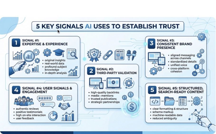 An infographic titled 5 Key Signals AI Uses to Establish Trust, listing expertise, validation, consistency, engagement, and SEO.
