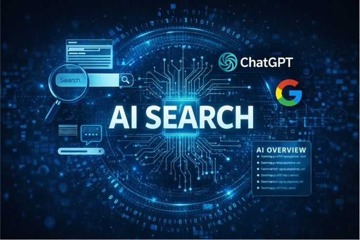 Blue graphic of AI search, with ChatGPT and Google logos, circuit board background.