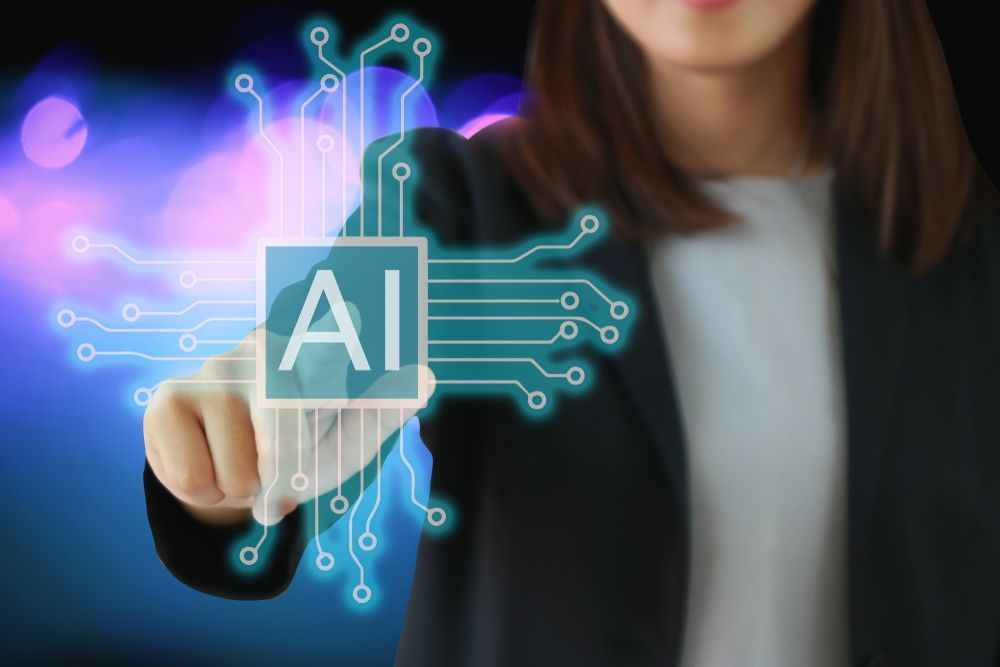 A woman is pressing a button on a screen that says ai.