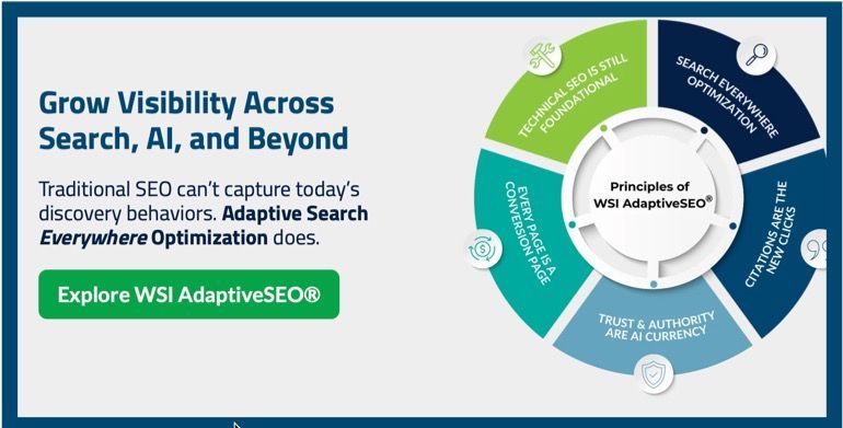 WSI AdaptiveSEO marketing graphic: a circular diagram showing search optimization pillars with a call-to-action button.