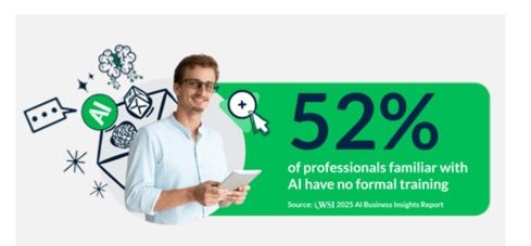 Man holding a tablet with an AI graphic. 52% of AI professionals have no formal training.
