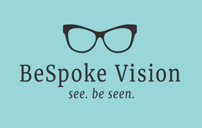 a logo for bespoke vision shows a pair of glasses on a blue background .