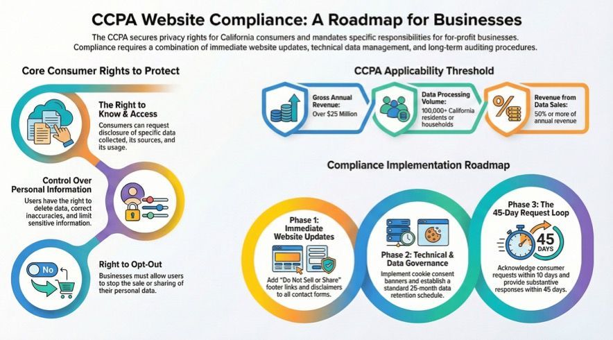 Infographic on CCPA website compliance: Core consumer rights, applicability thresholds, and a 45-day request loop roadmap.
