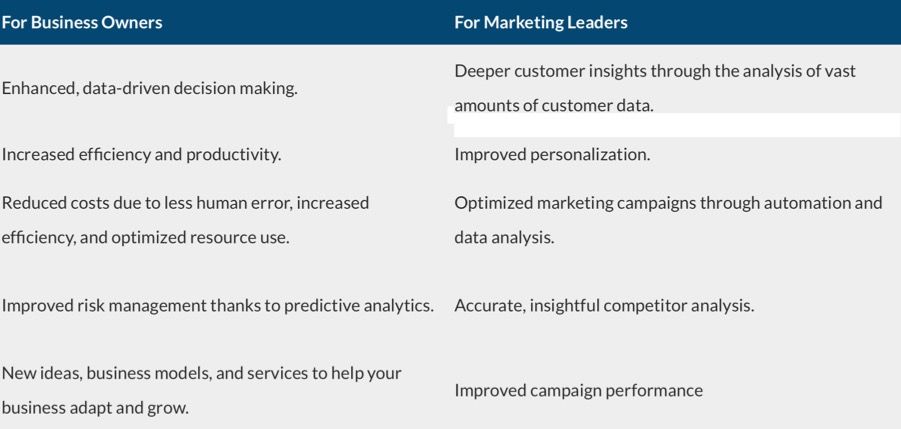 Infographic listing benefits for business owners and marketing leaders.
