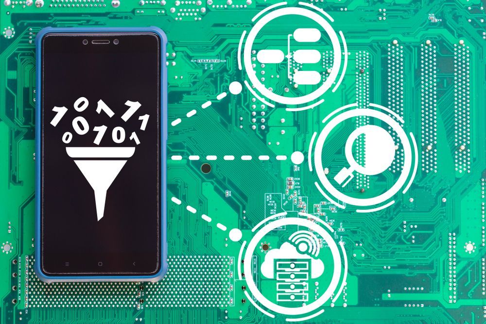 Smartphone with data funnel, connected to icons for data processing, search, and cloud storage on a green circuit board.