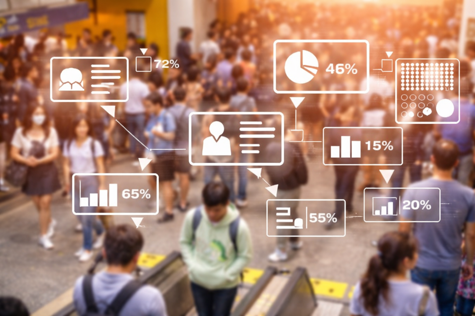 Crowd of people with overlaid data visualizations and percentages, suggesting data analysis in a public space.