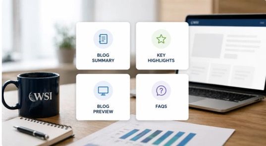Blogging concept with laptop, notebook, mug, and four feature tiles on a desk