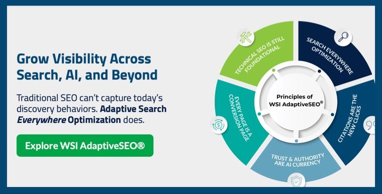 Graphic promoting WSI AdaptiveSEO with circular diagram and call to action button.